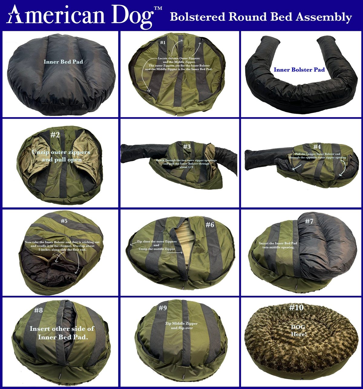 American Dog's ten-step photo guide to reassembling a round bolster bed after washing the cover