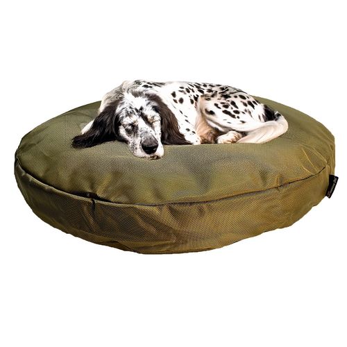 Armor™ Round Bed in Camel, with a dog on it