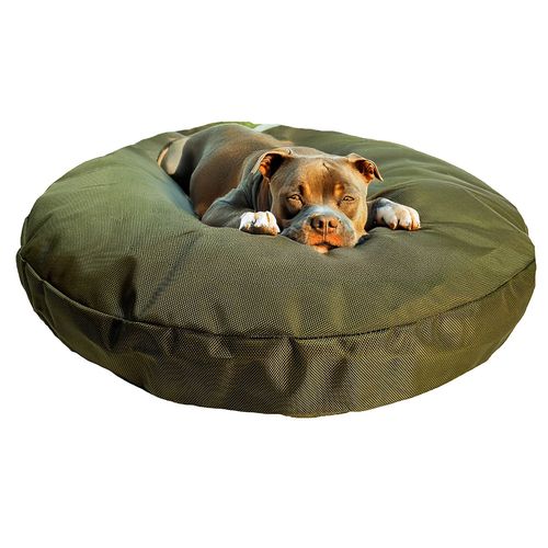 Armor™ Round Bed in Olive, with a dog on it