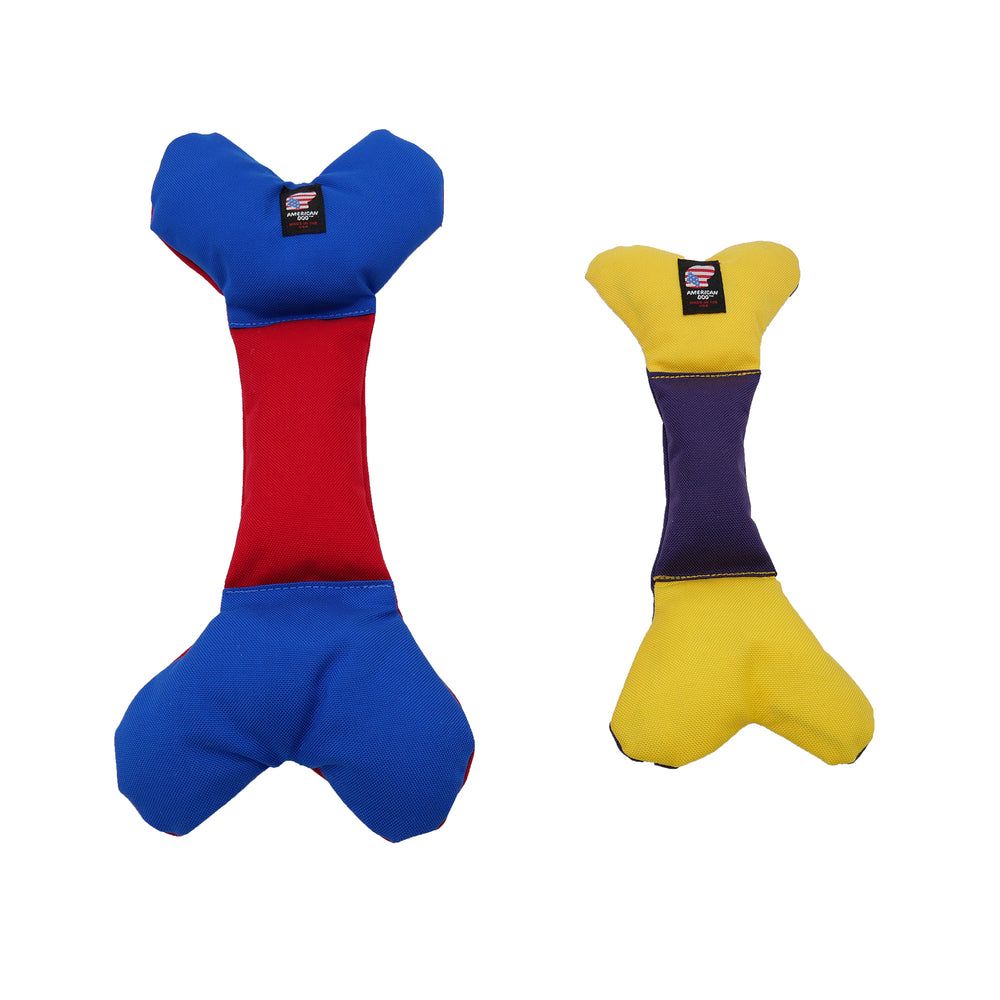 Da Bone in both sizes: the blue and red Large and the yellow and purple Medium