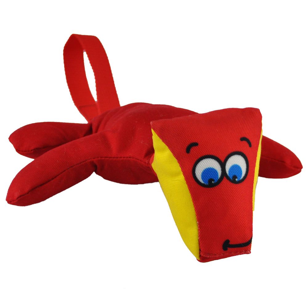 Diggity Dog, a red and yellow nylon dog with a tug tail