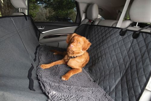 Dirty Dog 3-in-1 Car Seat Cover and Hammock in Cool Grey, with a dog on it