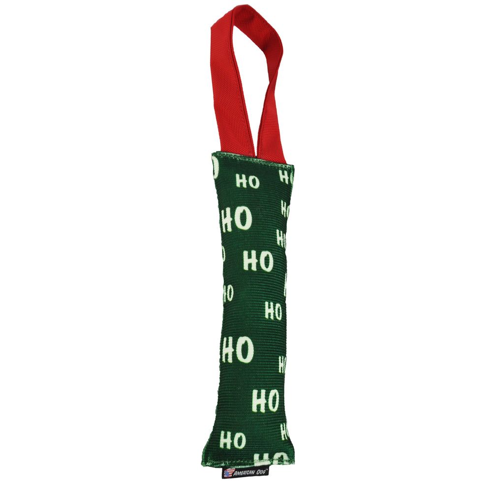 Fire Hose Ho Ho Ho Tug: green fire hose printed Ho Ho Ho in white, with a red handle