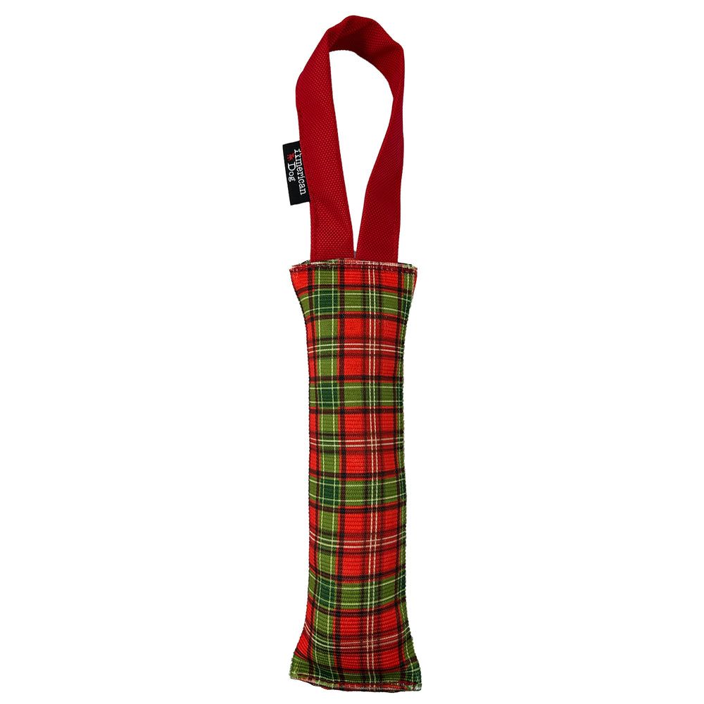 Fire Hose Holiday Plaid Tug: fire hose in red and green holiday plaid, with a red handle