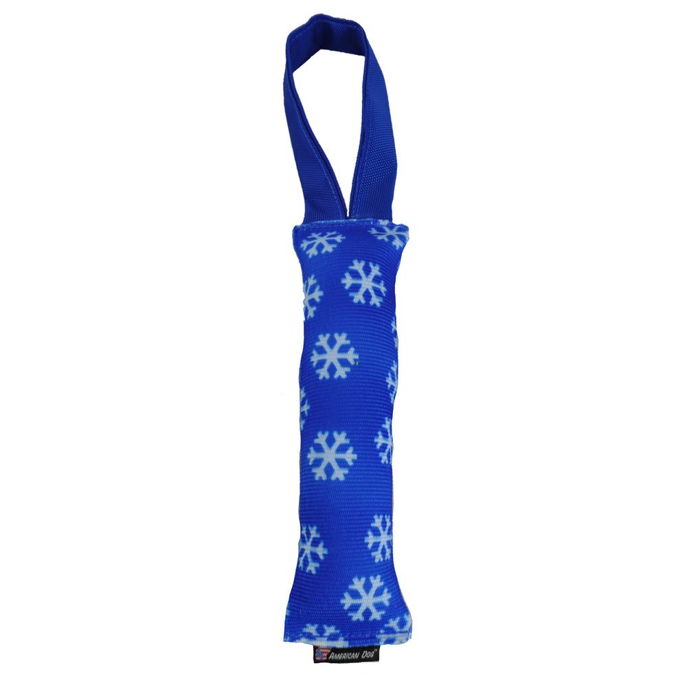 Fire Hose Snowflake Tug: blue fire hose printed with white snowflakes, with a blue handle