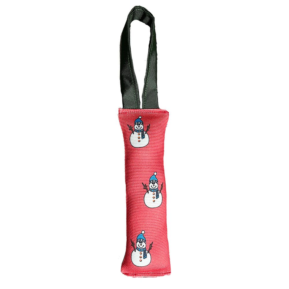 Fire Hose Snowman Tug: red fire hose printed with snowmen, with a black handle