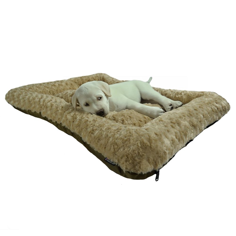 Furvana™ Cloud Bolster Bed in Camel, with a dog on it