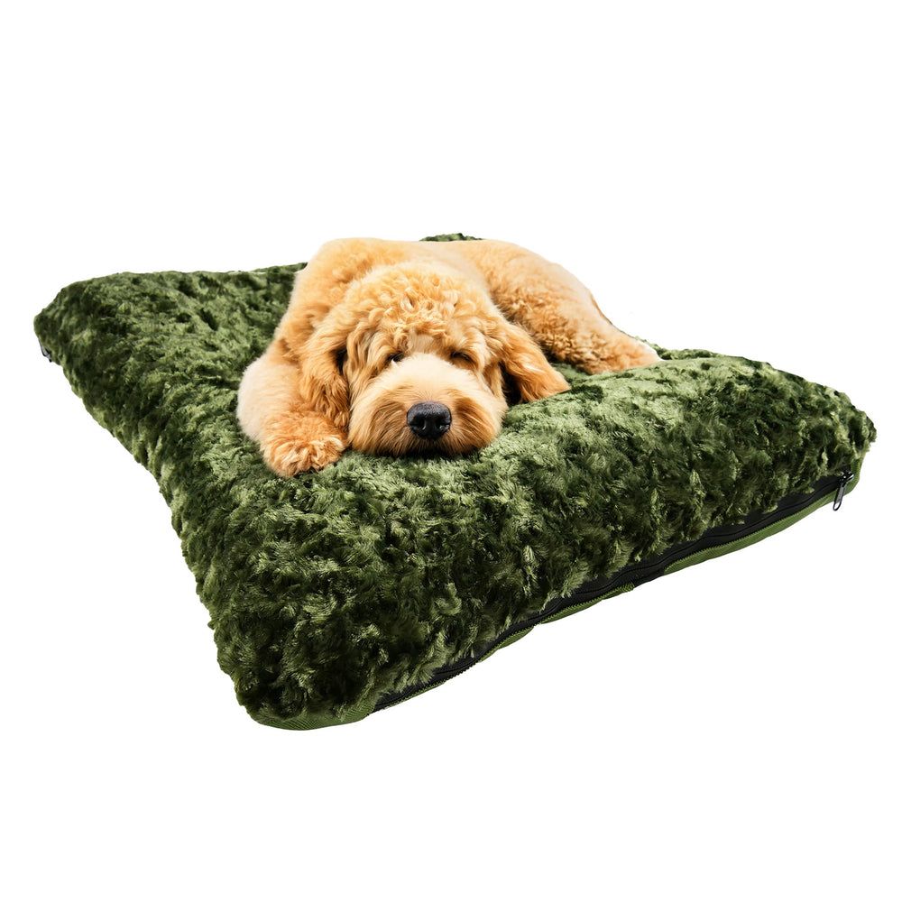 Furvana™ Cloud Bolster Bed in Olive, with a dog on it