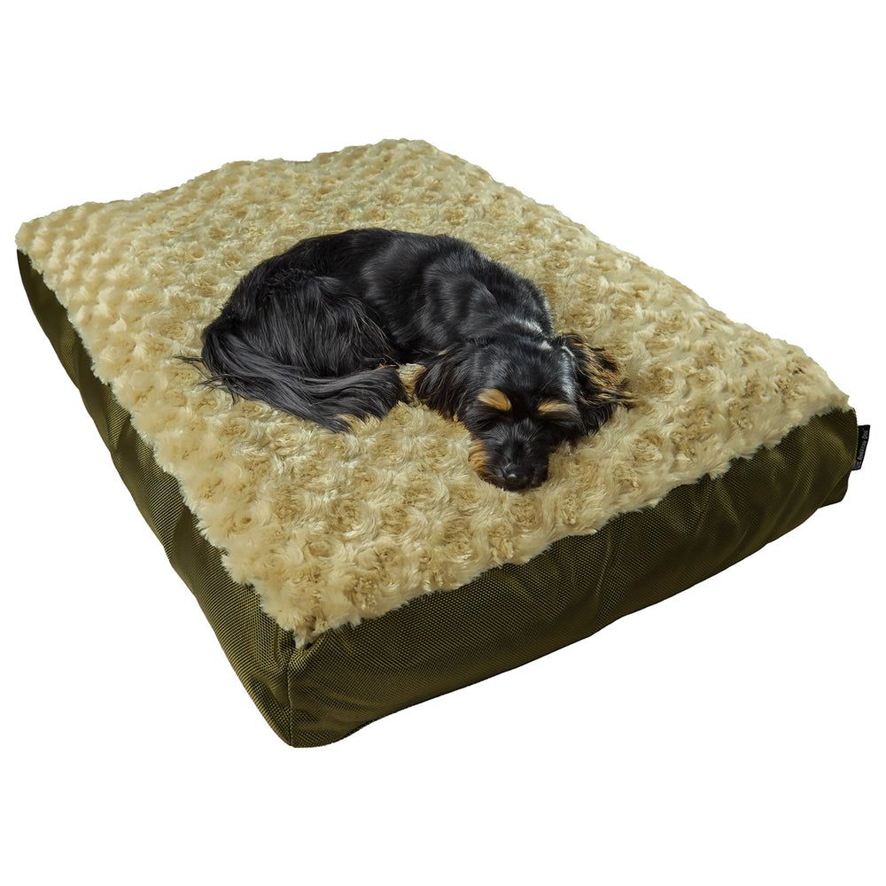 Furvana™ Rectangle Bed in Camel, with a dog on it
