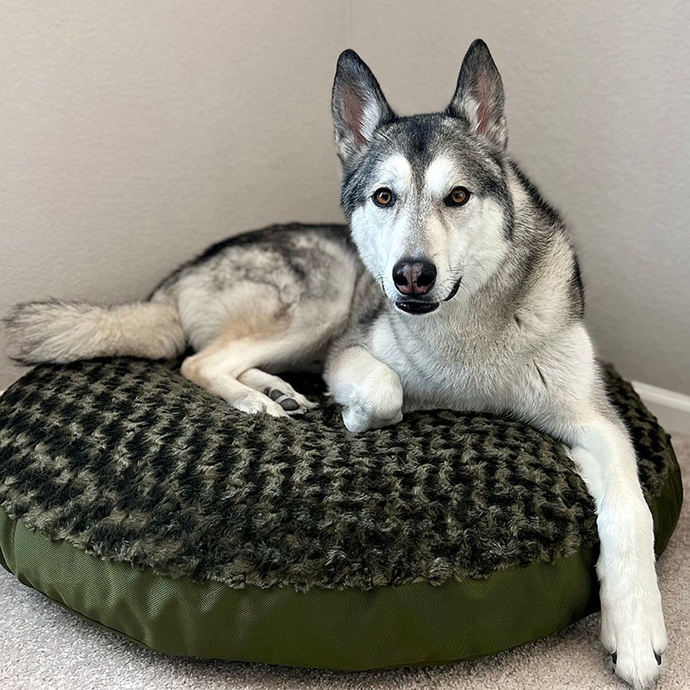 Furvana™ Round Bed, with a dog on it
