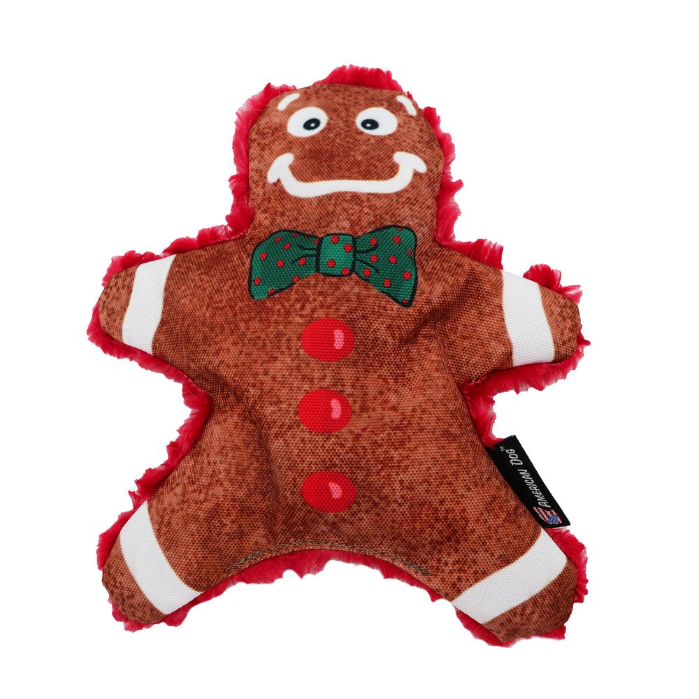 Gingy, a gingerbread man in brown nylon with a green bow tie