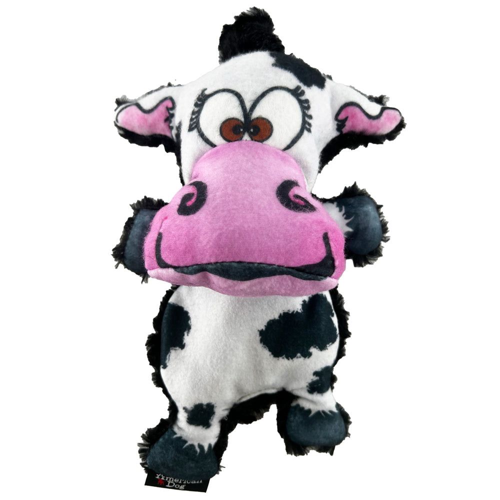 Moo-Ria the Cow, a black and white spotted cow with a pink nose and a cartoon face