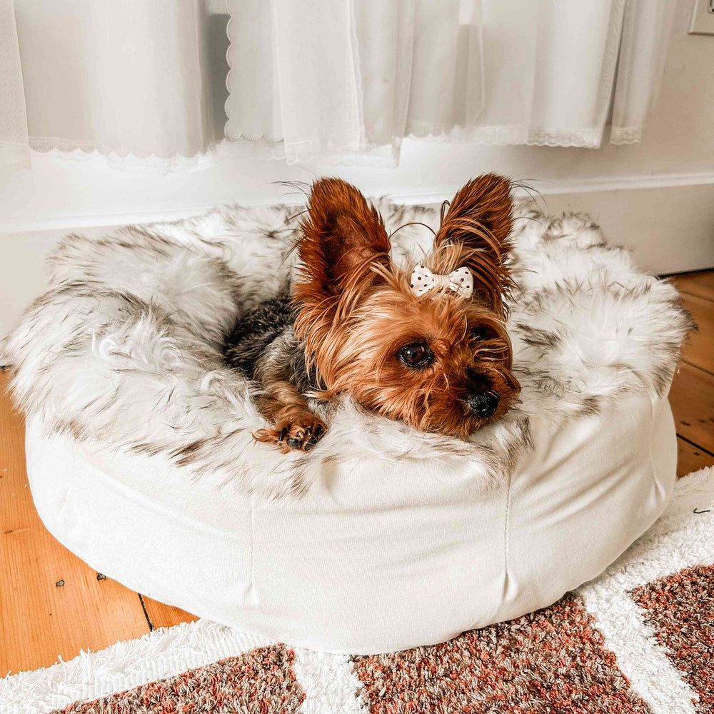 PupPouf™ Faux Fur Donut Bed in White with Brown Accents