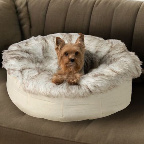 PupPouf™ Faux Fur Donut Bed in White with Brown Accents
