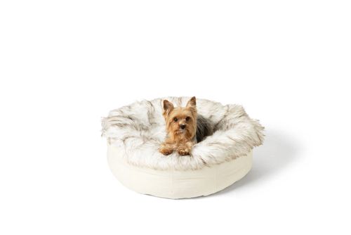 PupPouf™ Faux Fur Donut Bed in White with Brown Accents