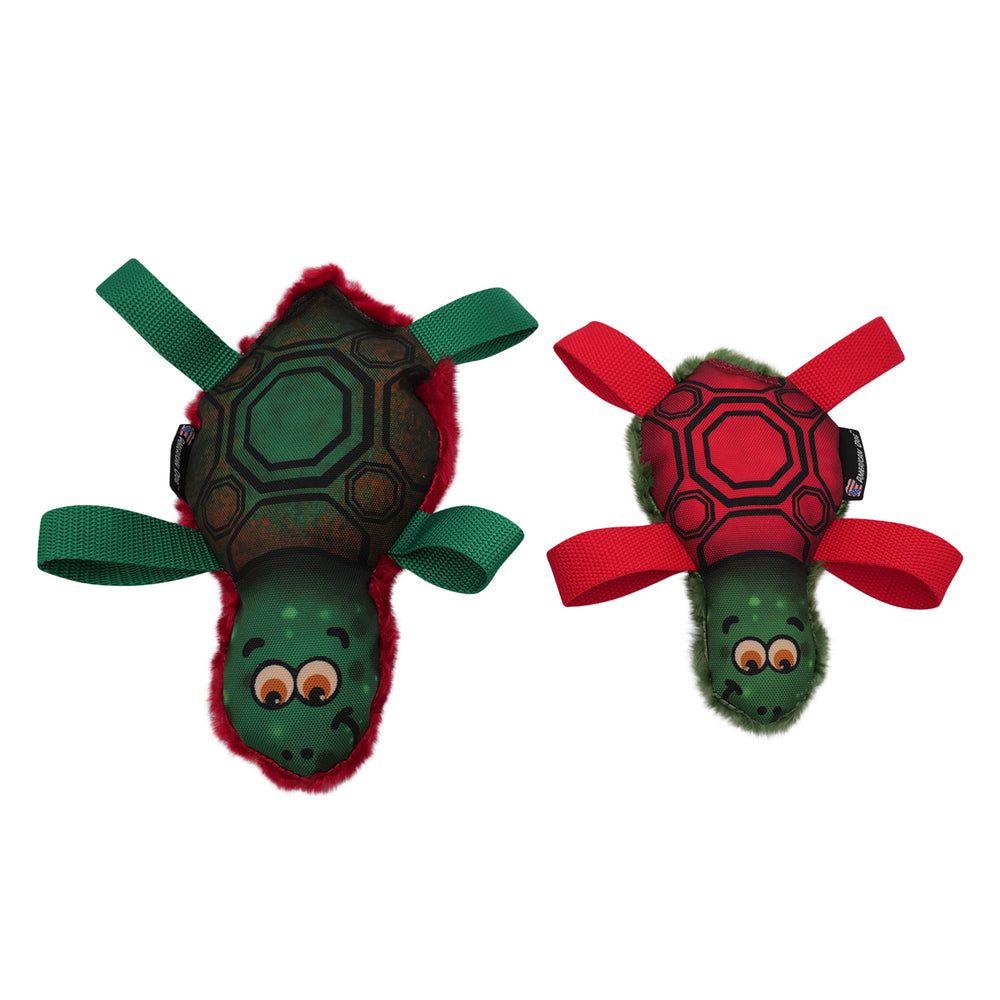 Tommy Turtle in both sizes: the green Large and the red Medium